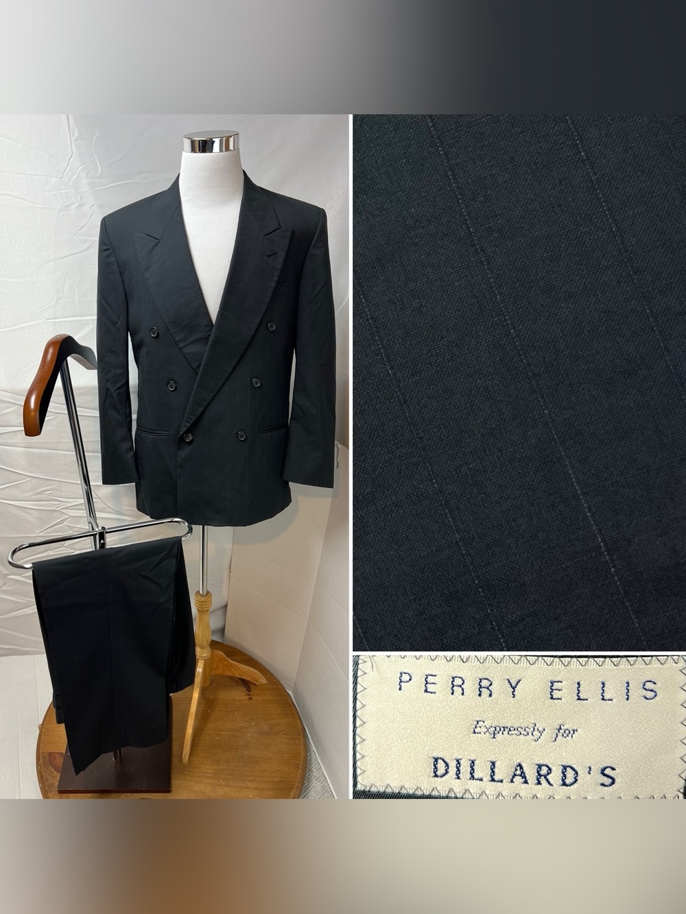 Vintage Perry Ellis Mens 40R Blazer 32x30 Charcoal Double Breasted Gangster Suit